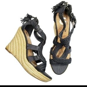 Guess | Black Faux Leather Braid Wedge Espadrilles